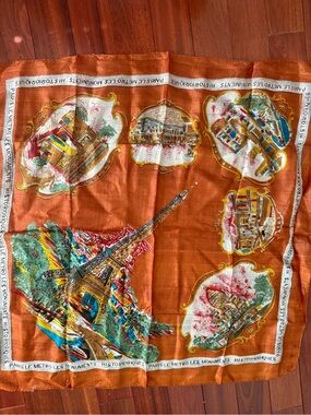 RARE Vintage Paris France Silk Scarf French Eiffel Tower, L’Arc De Triomphe Etc.